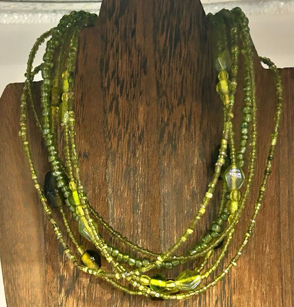 Vintage Green Multi-Strand Layered Glass Beaded Necklace